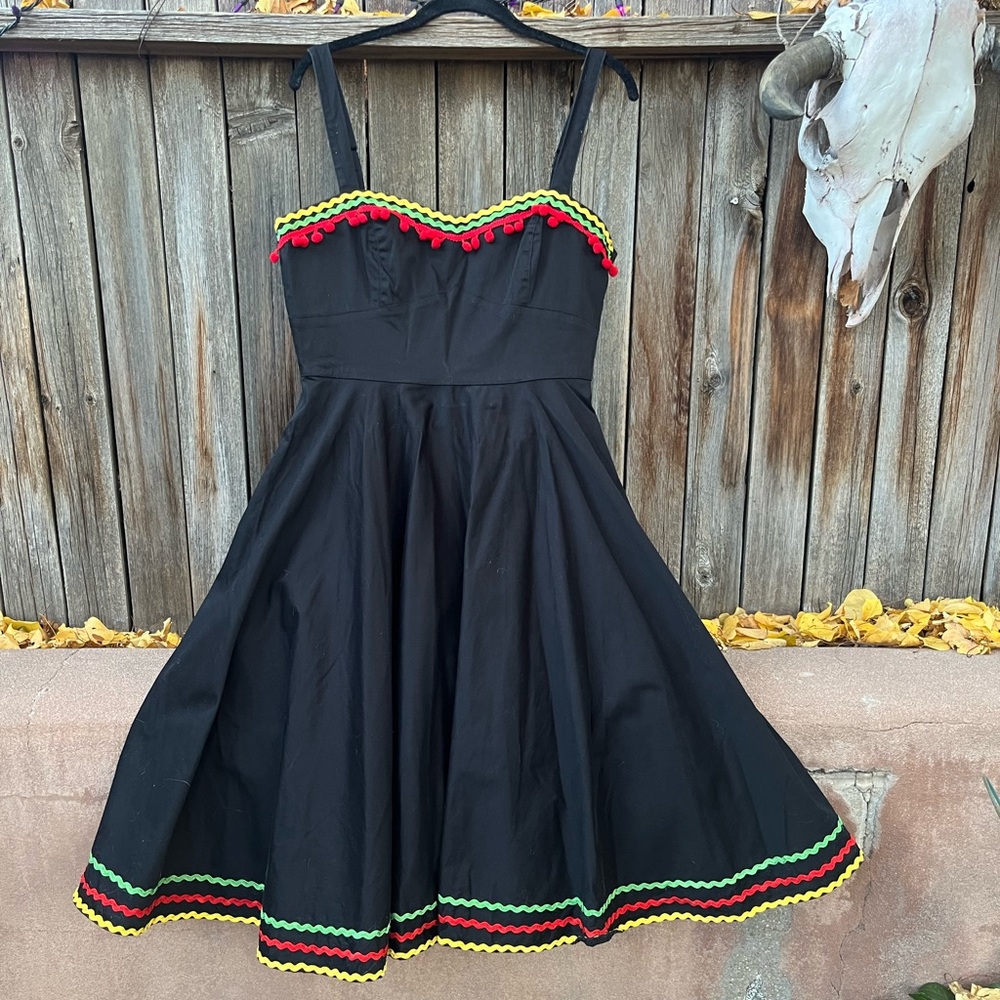 Hell Bunny Black Dress with Festive Rickrack & Pompoms